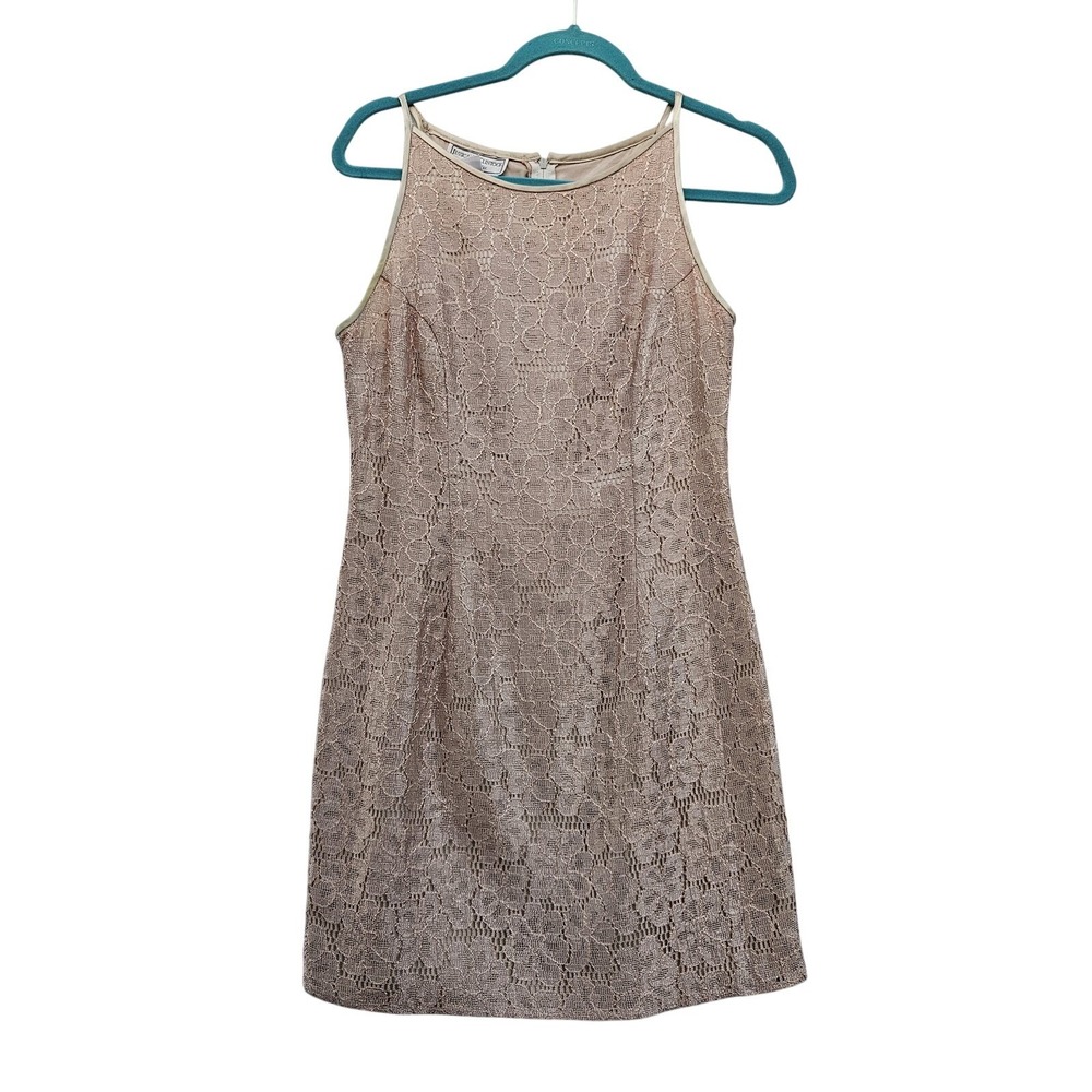 Jessica McClintock Dress Womens 7/8‎ Nude Beige Lace Floral Sheath Mini Made USA